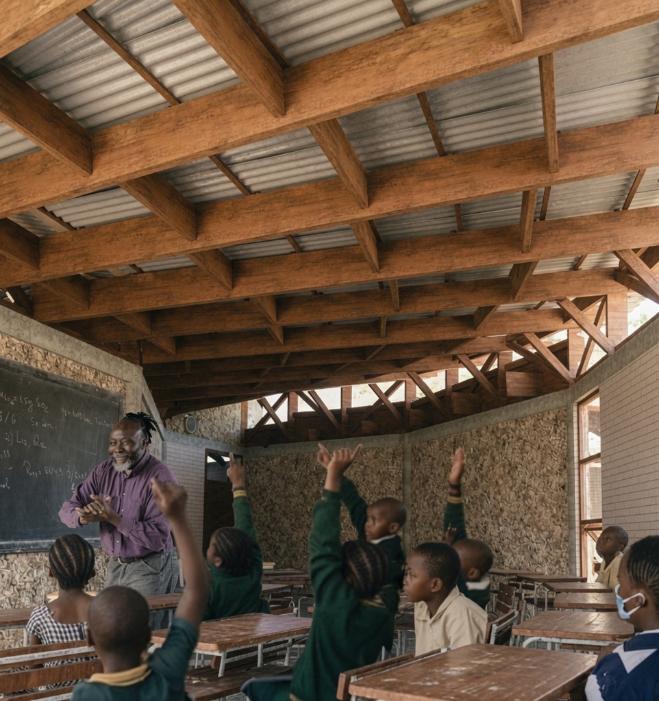 Classroom in Ethiopia with teacher and students raising their hands