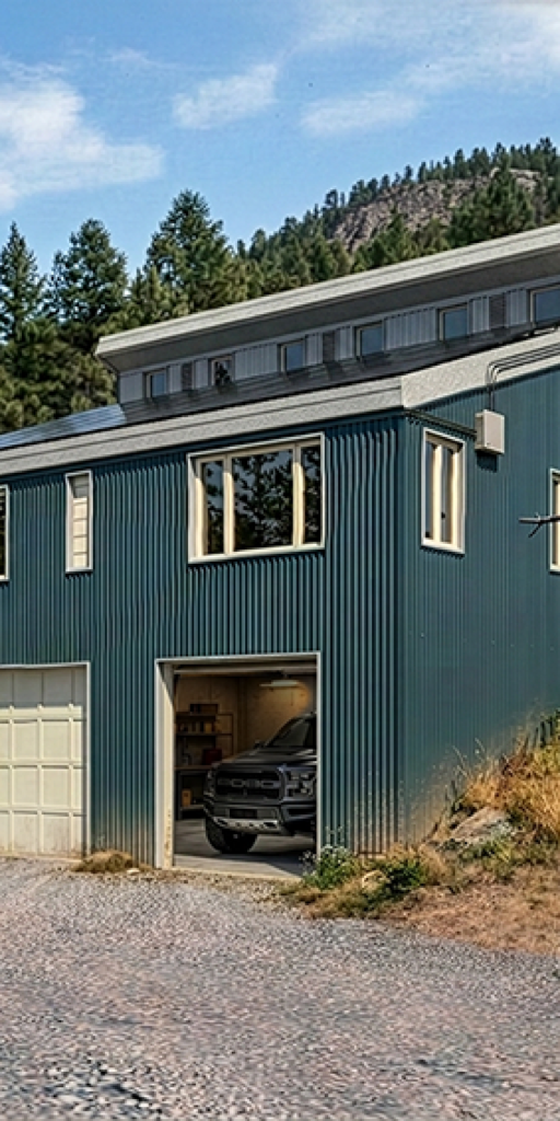 North Fork House — garage bay with Ford truck and corrugated metal facade