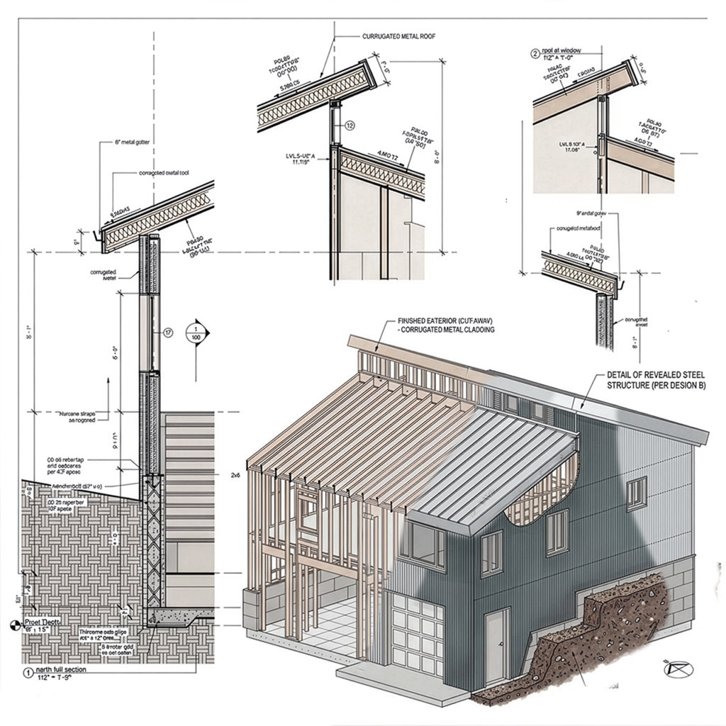 North Fork House — cutaway rendering with construction details