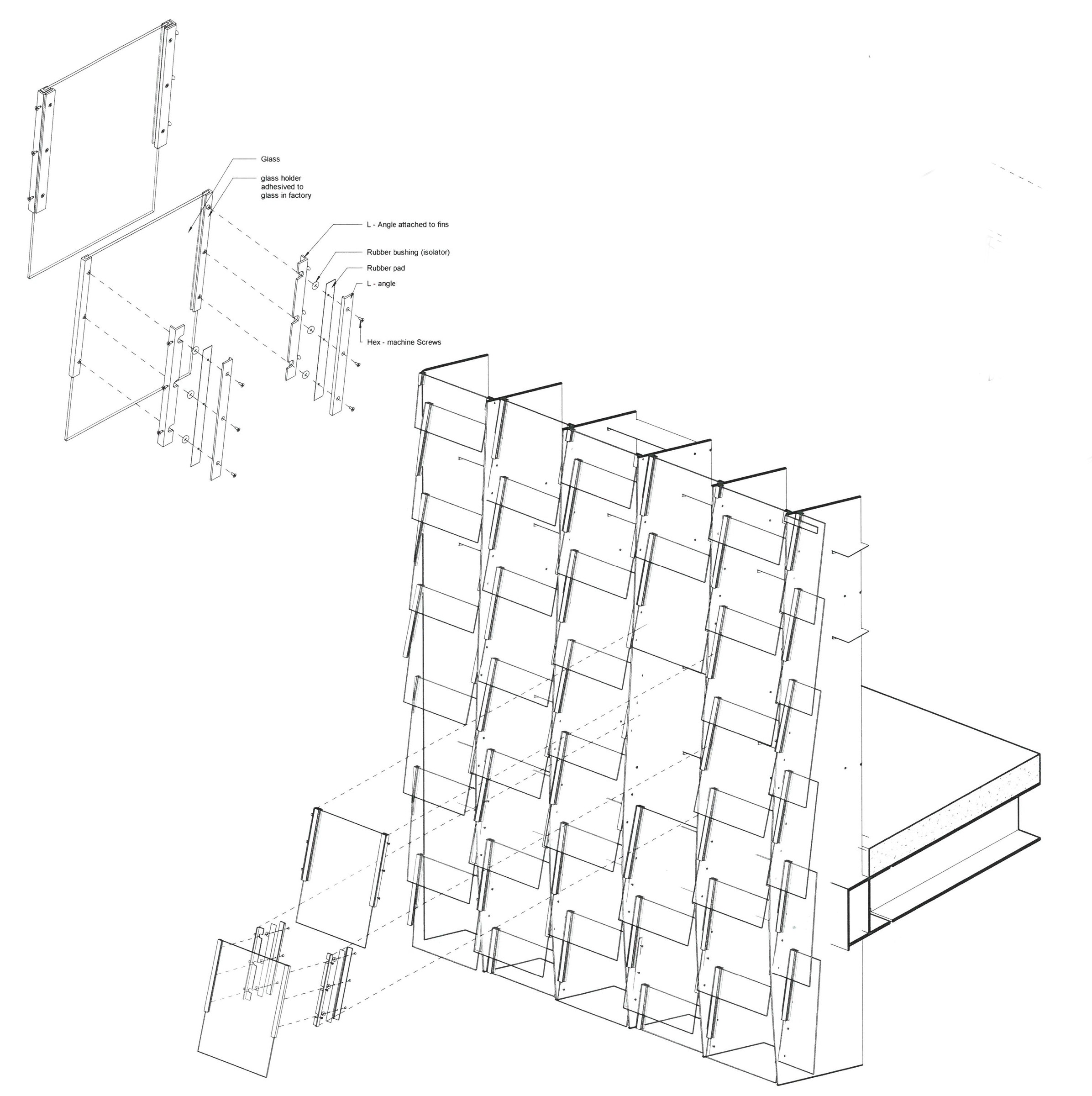 Parametric glass facade system with exploded panel assembly diagram