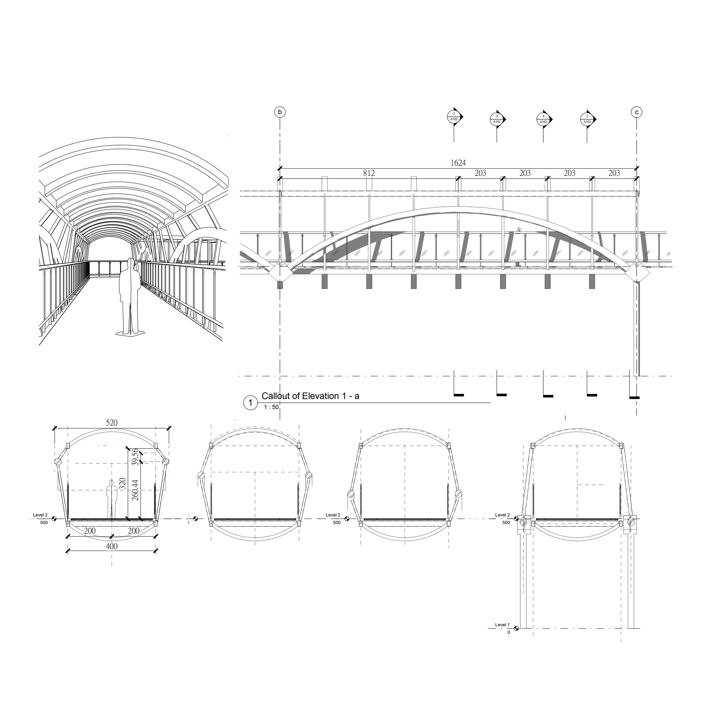 Revit bridge study with elevation, perspective, and section drawings