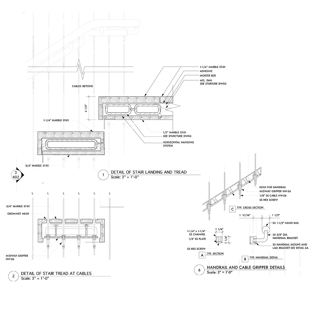 Legacy AutoCAD stair landing, tread, and handrail cable detail sheet