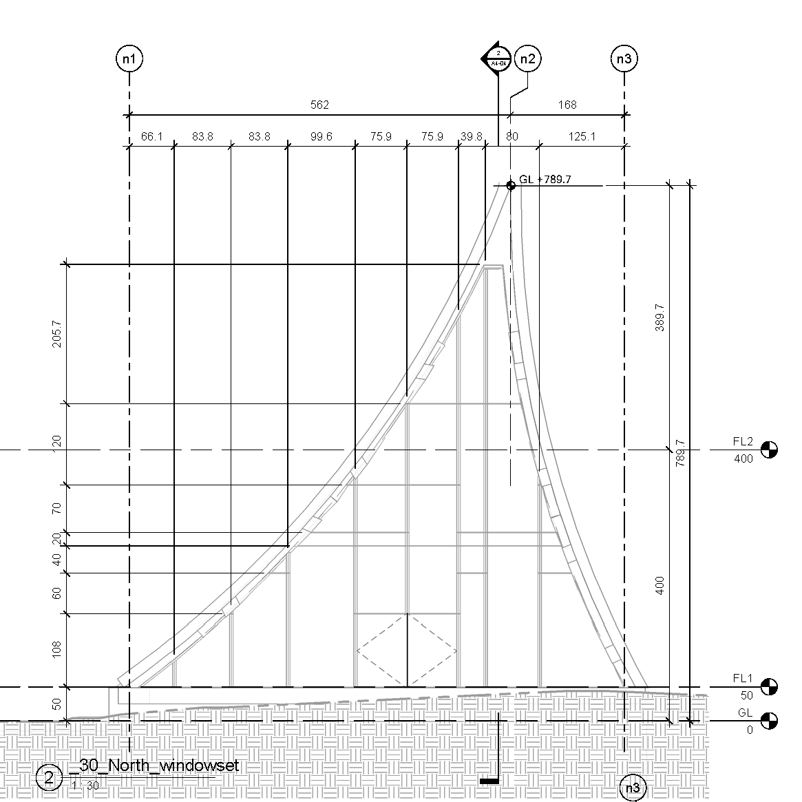 North window set section drawing with levels, grids, and dimensions at 1:30